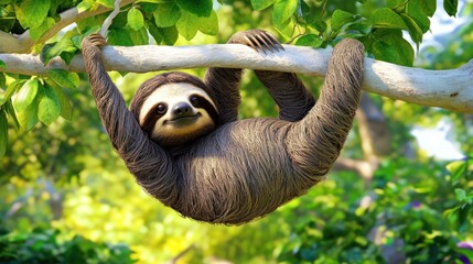 Fototapeta premium Hanging Sloth in Lush Rainforest Canopy. Possible Stock Photo Use