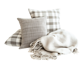 Cozy Gray and White Throw Pillows and Blanket, PNG