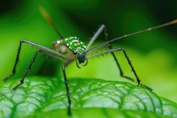 Fototapeta premium A close-up shot of a mosquito resting on a leaf, ideal for use in illustrations or educational materials about insects and nature