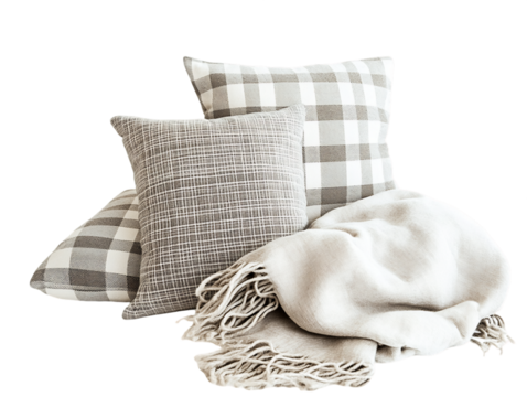 Cozy Gray and White Throw Pillows and Blanket, PNG