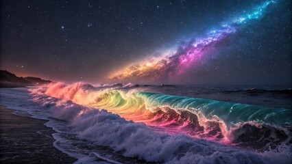Naklejka premium a colorful rainbow waves on the beach with starry night sky. The scene evokes a sense of wonder and fantasy