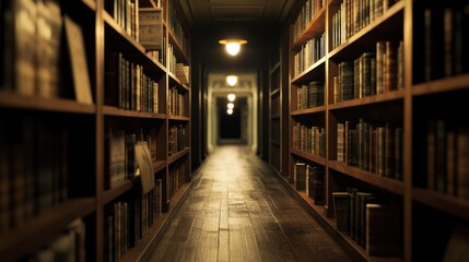 Dark library hallway, bookshelves, mysterious, antique books, dimly lit, research, study, suspense, mystery novel cover