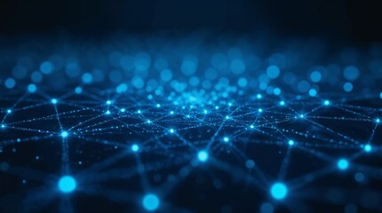 A futuristic depiction of a glowing neural network forming digital connections, with bright blue energy nodes linking in an intricate AI-powered web of intelligence.