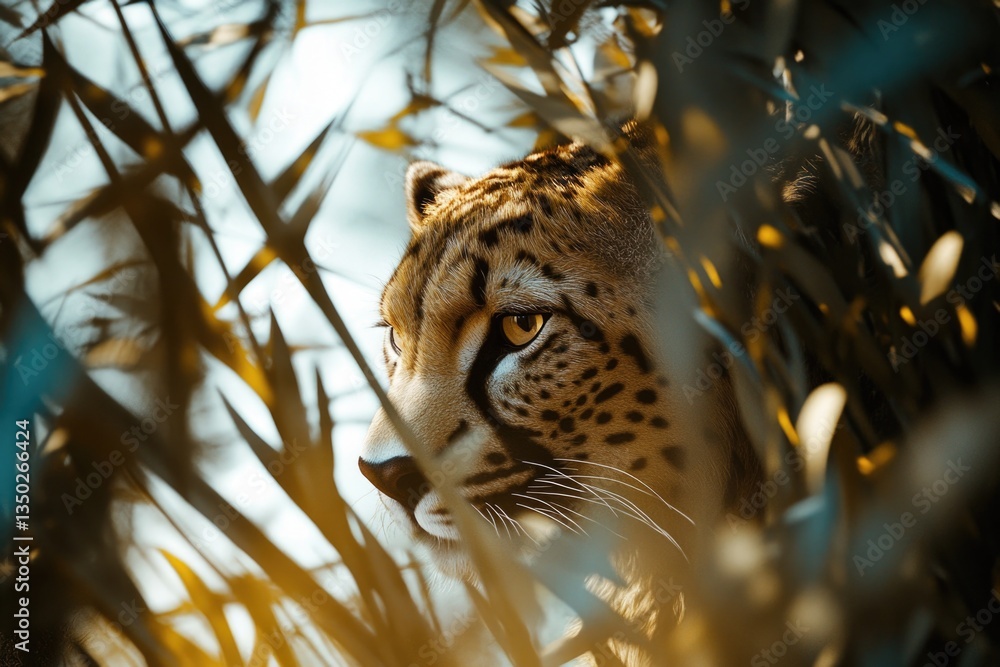Poster a close-up view of a leopard sitting in a tree, with its fur blending into the surroundings