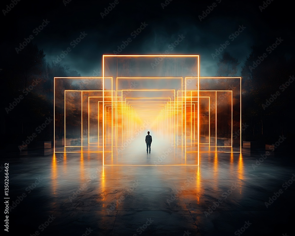 Poster Person walking through glowing rectangular portals in a dark futuristic setting