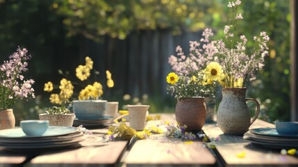 Rustic garden table setting, wildflowers, sunny forest background, idyllic scene