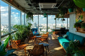 Fototapeta premium A welcoming waiting lounge with oversized windows, soft armchairs, and an abundance of natural plants, situated within a modern coworking environment that prioritizes organization