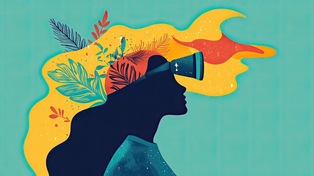 Mental self-discovery concept: Woman in an abstract head silhouette with a girl using binoculars to set goals. Representing mindfulness and mental health.