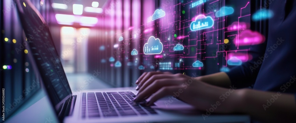 Poster an it professional working on a laptop in a data center, with cloud technology and digital icons flo