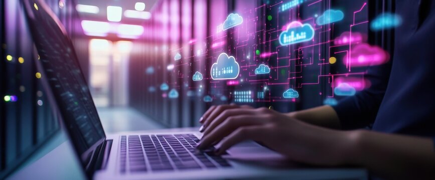an IT professional working on a laptop in a data center, with cloud technology and digital icons floating above the scene Generative AI