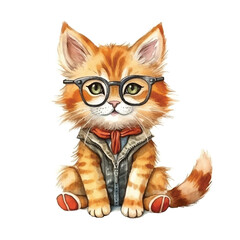 watercolors Cute cool cat wearing glasses illustration