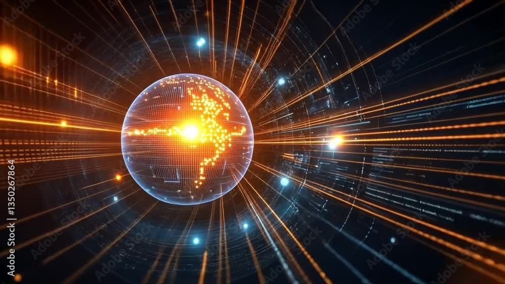 Poster vibrant digital globe with dynamic light trails in space