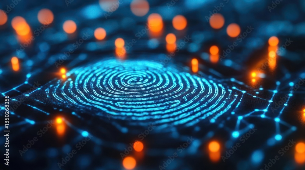Poster abstract digital fingerprint surrounded by glowing nodes and patterns