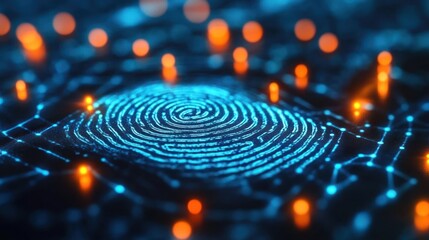 Abstract digital fingerprint surrounded by glowing nodes and patterns