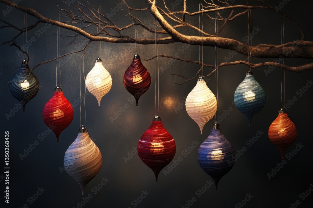 Poster a bunch of colorful paper lanterns hang from a tree branch, adding a festive touch to the scene