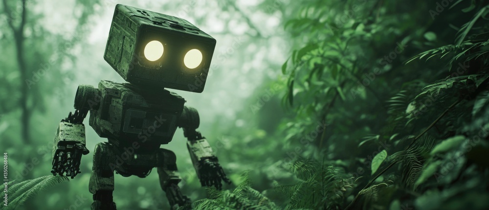 Poster a robot standing alone in the middle of a forest