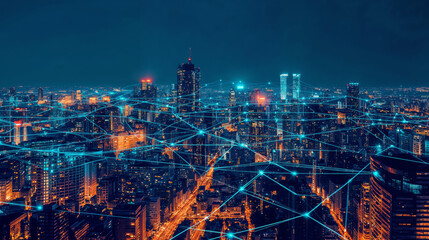 A breathtaking futuristic city skyline at night illuminated by neon blue data streams, symbolizing smart cities, AI, digital transformation, and interconnected networks.