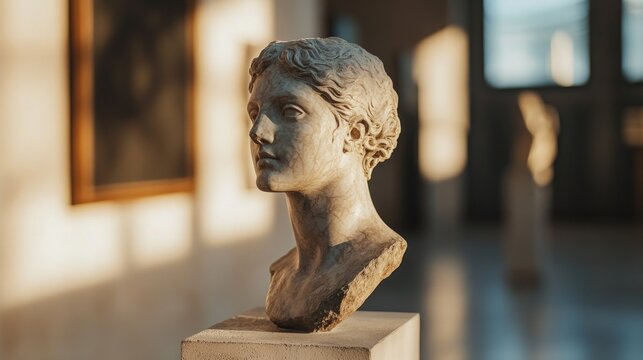 A historic bust of a young man on display in a museum