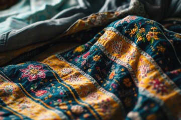 Fototapeta premium A close-up shot of a soft and cozy blanket lying flat on a bed