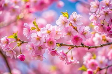 Close up branch with pink sakura blossoms.