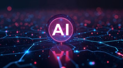 A sleek glowing AI sphere floating over a futuristic digital grid, symbolizing artificial intelligence, deep learning, big data, and smart technology-driven innovation.
