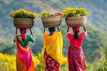 Indian women carrying baskets of flowers on their heads