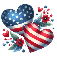 Memorial Day watercolor hearts with an American flag in red and blue, isolated on transparent background