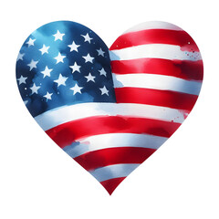 Memorial Day watercolor hearts with an American flag in red and blue, isolated on transparent background