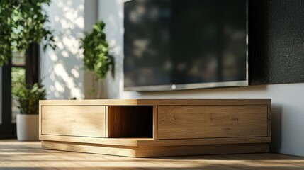 Modern Oak TV Stand with Minimalist Design in a Sunlit Living Room