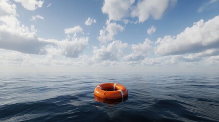 Fototapeta premium Orange life preserver floats on calm ocean under a bright, cloudy sky; hope, safety concept