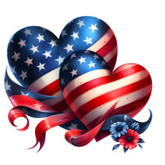 Memorial Day watercolor hearts with an American flag in red and blue, isolated on transparent background