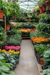 Naklejka premium Greenhouse aisle with colorful potted plants.