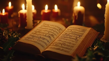 Christmas carol sheet music book, candlelight, holiday ambiance, cozy home