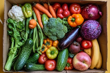 Foodbank and food delivery concepts are illustrated by a cardboard box packed with an assortment of vegetables and fruits