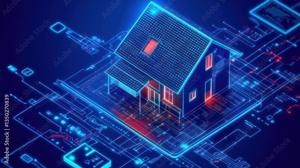 Poster digital house model surrounded by glowing circuit patterns