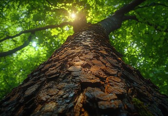 Fototapeta premium The morning sun's beauty shines between large trees in the forest's center, related to generative ai