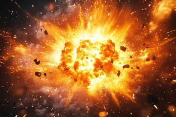A massive explosion erupts with fiery orange flames and chaotic debris, illuminated by a radiant core, against billowing black smoke for dramatic impact.