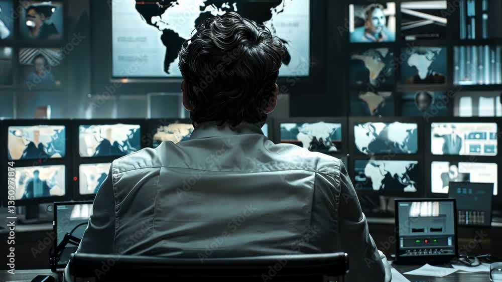 Poster global surveillance: a security operator monitors multiple screens