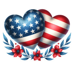 Memorial Day watercolor hearts with an American flag in red and blue, isolated on transparent background
