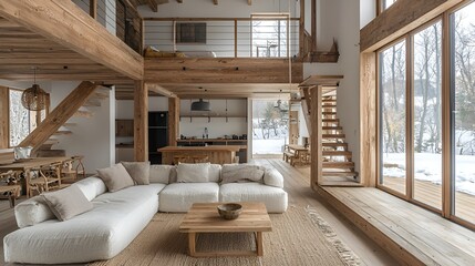 Modern Wooden Cabin Living Room with Snowy View