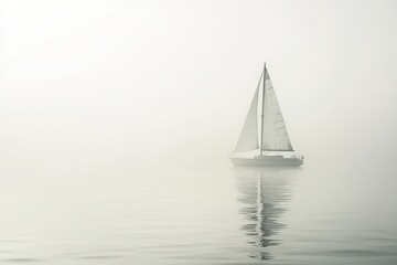 A minimalist sailboat silhouette in soft white tones against a misty and tranquil seascape background
