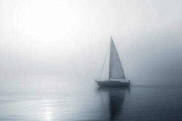 A minimalist sailboat silhouette in soft white tones against a misty and tranquil seascape background