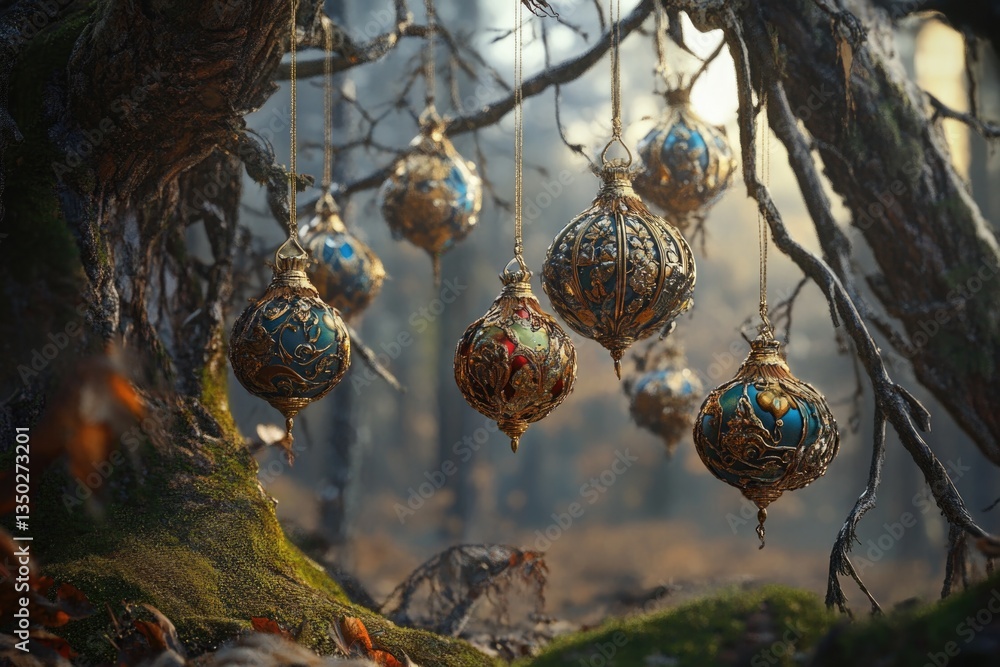Poster decorative objects hanging from a tree branch