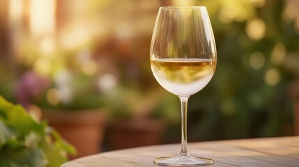 Elegant white wine glass on a sunlit table in a garden