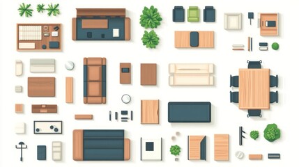 Top-view furniture collection office, living room, garden