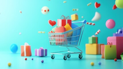 Festive shopping cart overflowing with gifts against pastel blue background