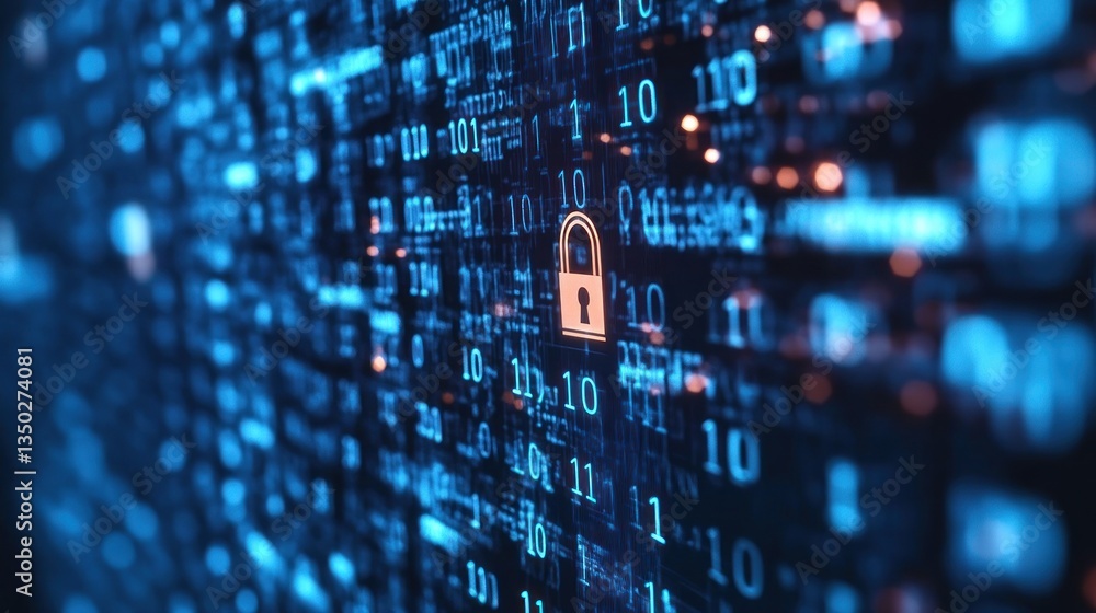 Poster digital padlock symbolizing cybersecurity in a binary world