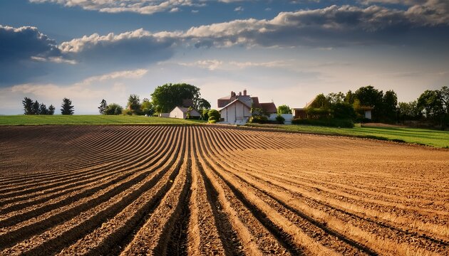 Rustic countryside with rows of plowed soil stretching toward a distant farmhouse, evoking pastoral charm, serene rural life, and timeless agricultural landscapes.
