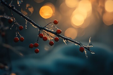 Icy branch with red berries at sunset.