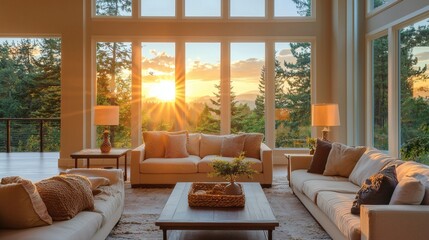 Inviting living room with soft lighting from table lamps and gentle daylight from wide windows